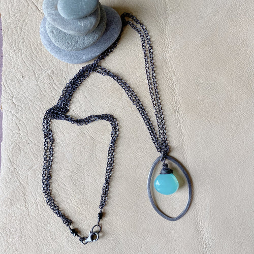 Aqua Chalcedony Double Chain Pendant Necklace